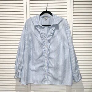 Alexis Curvy Blue and White Striped Ruffle Button Down Shirt Size 2X